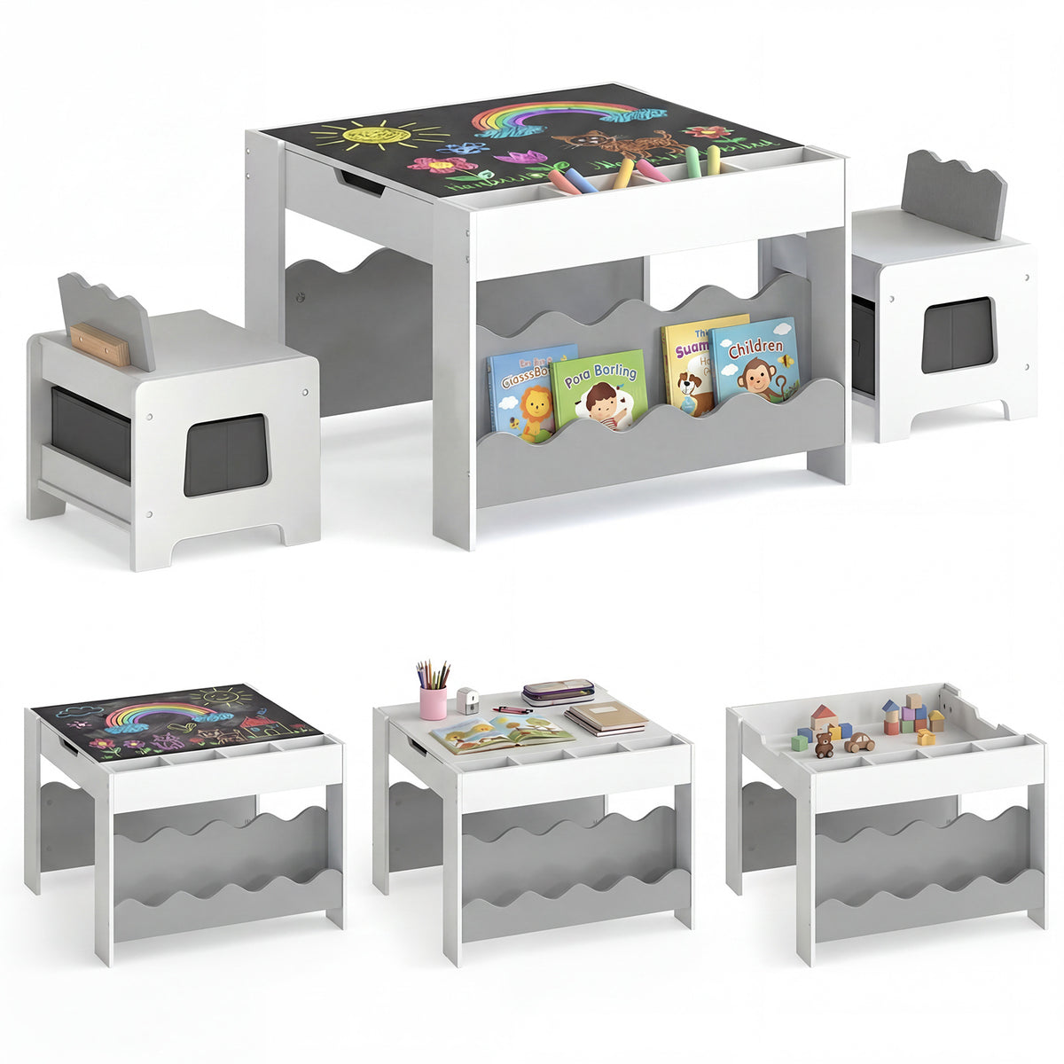 Wooden Kids Table and Chairs Set with Double-sided Tabletop and Small Compartments-Grey