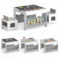 Wooden Kids Table and Chairs Set with Double-sided Tabletop and Small Compartments-Grey