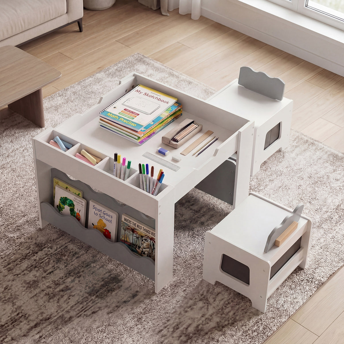 Wooden Kids Table and Chairs Set with Double-sided Tabletop and Small Compartments-Grey