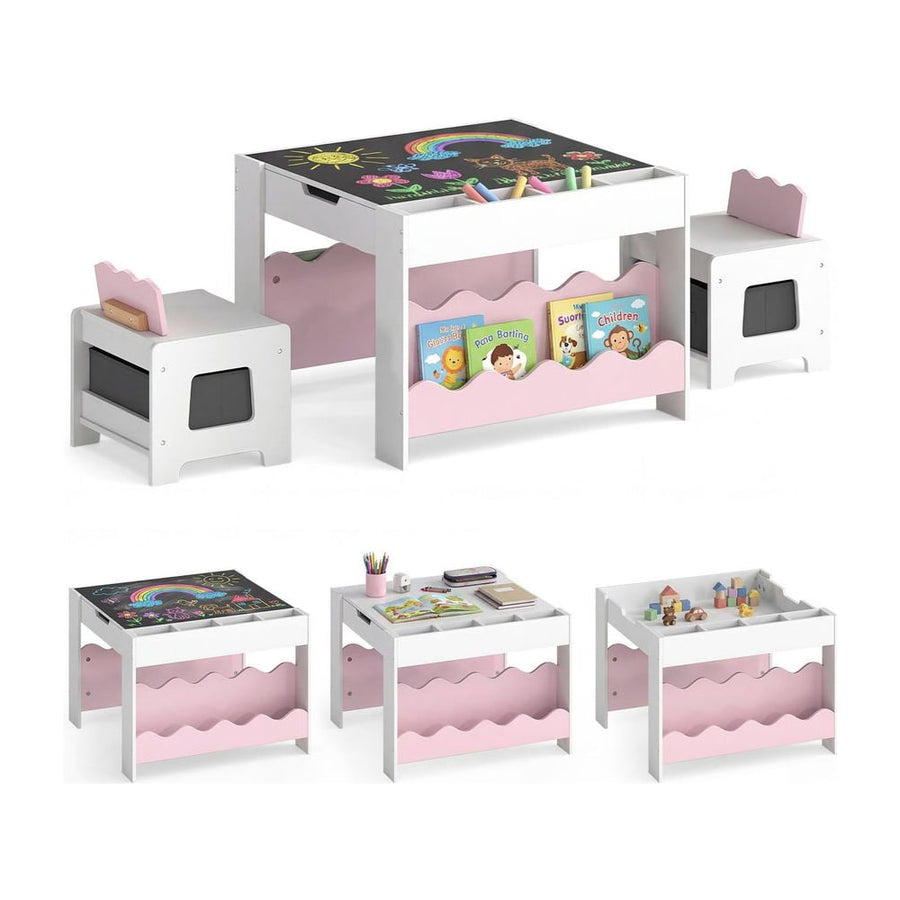 Wooden Kids Table and Chairs Set with Double-sided Tabletop and Small Compartments-Pink