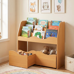Wooden Montessori Bookshelf with 2 Rolling Drawers for Kids Room and Nursery-Natural