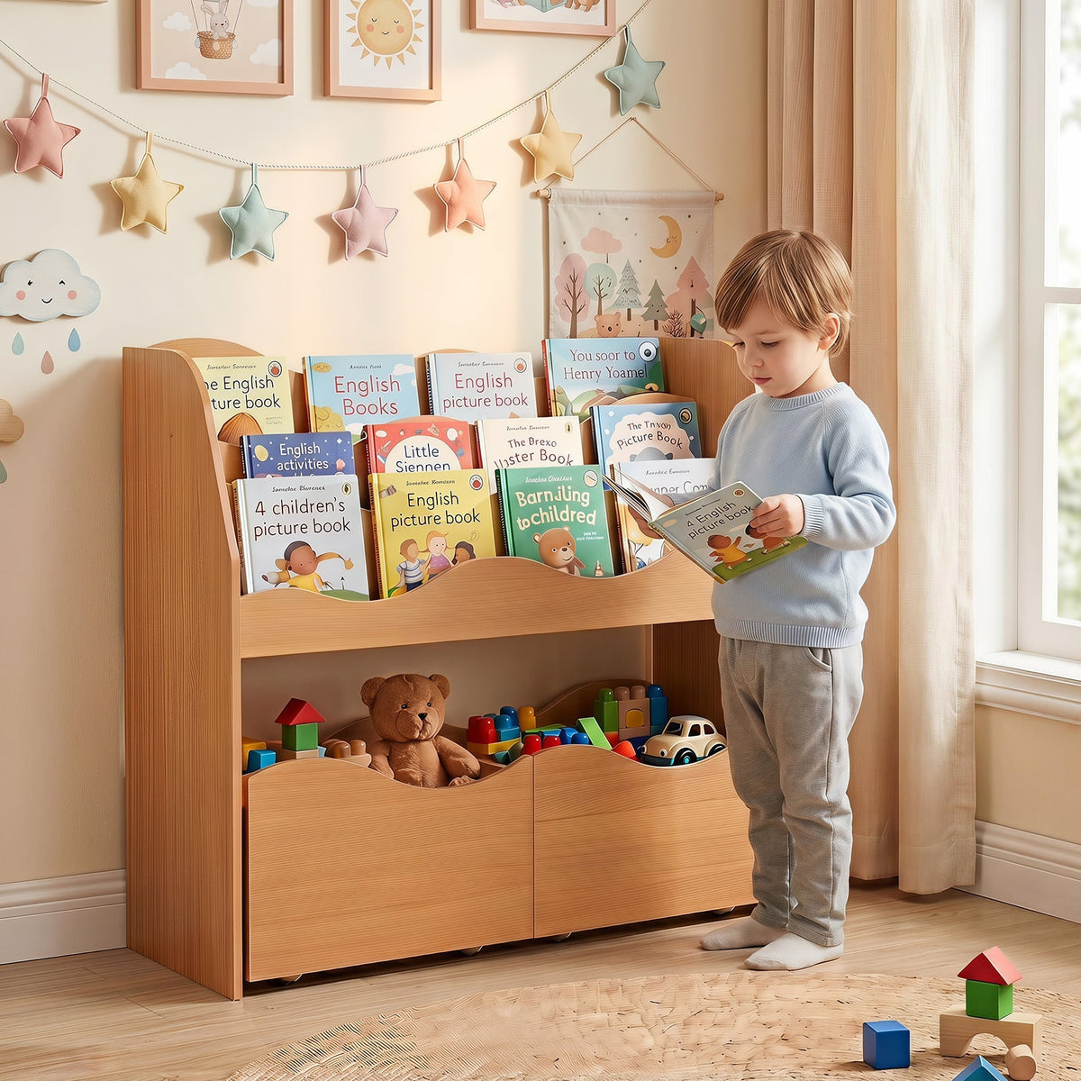 Wooden Montessori Bookshelf with 2 Rolling Drawers for Kids Room and Nursery-Natural