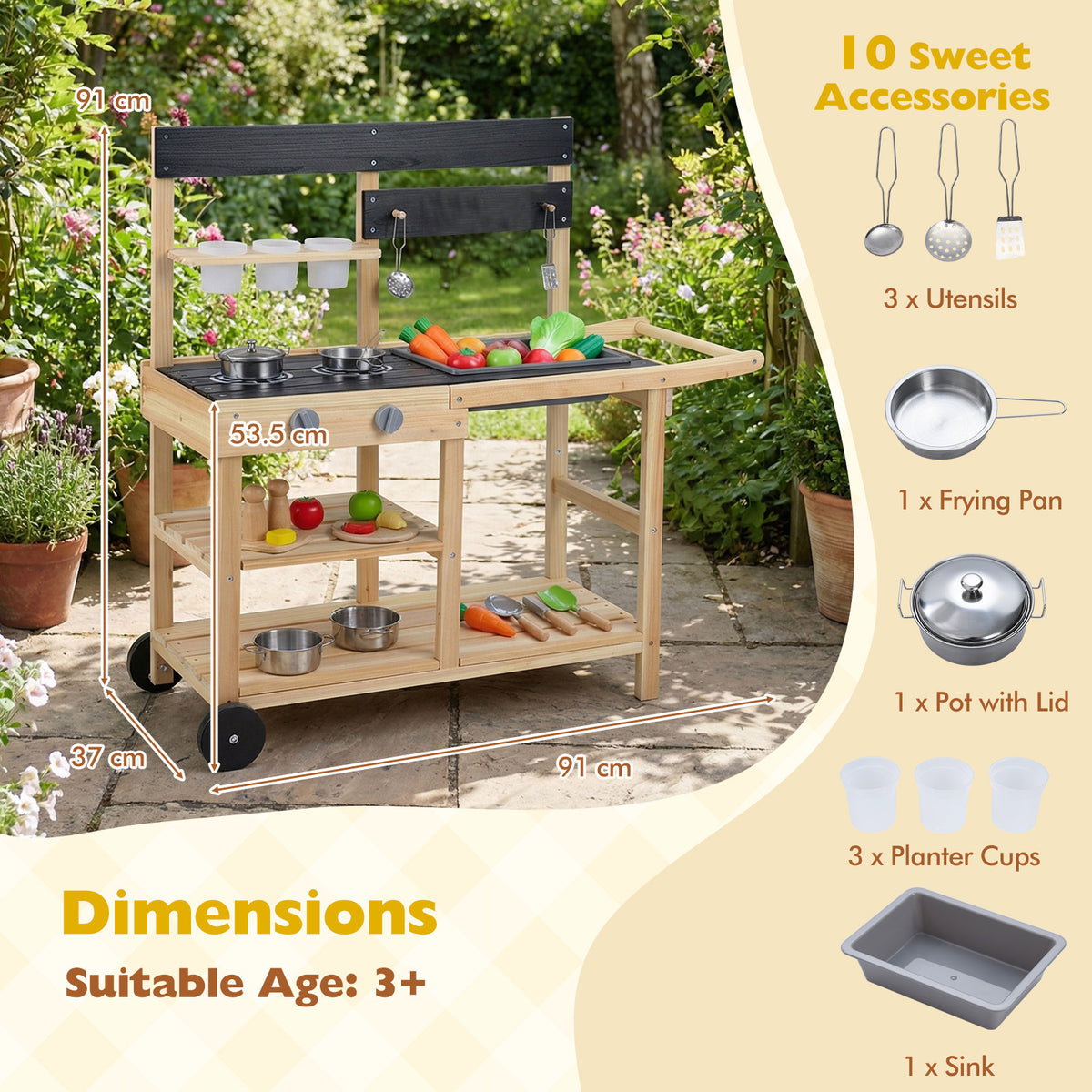 Wooden Mud Kitchen with Sink Chalkboard and Wheels and Storage for Ages 3+-Natural
