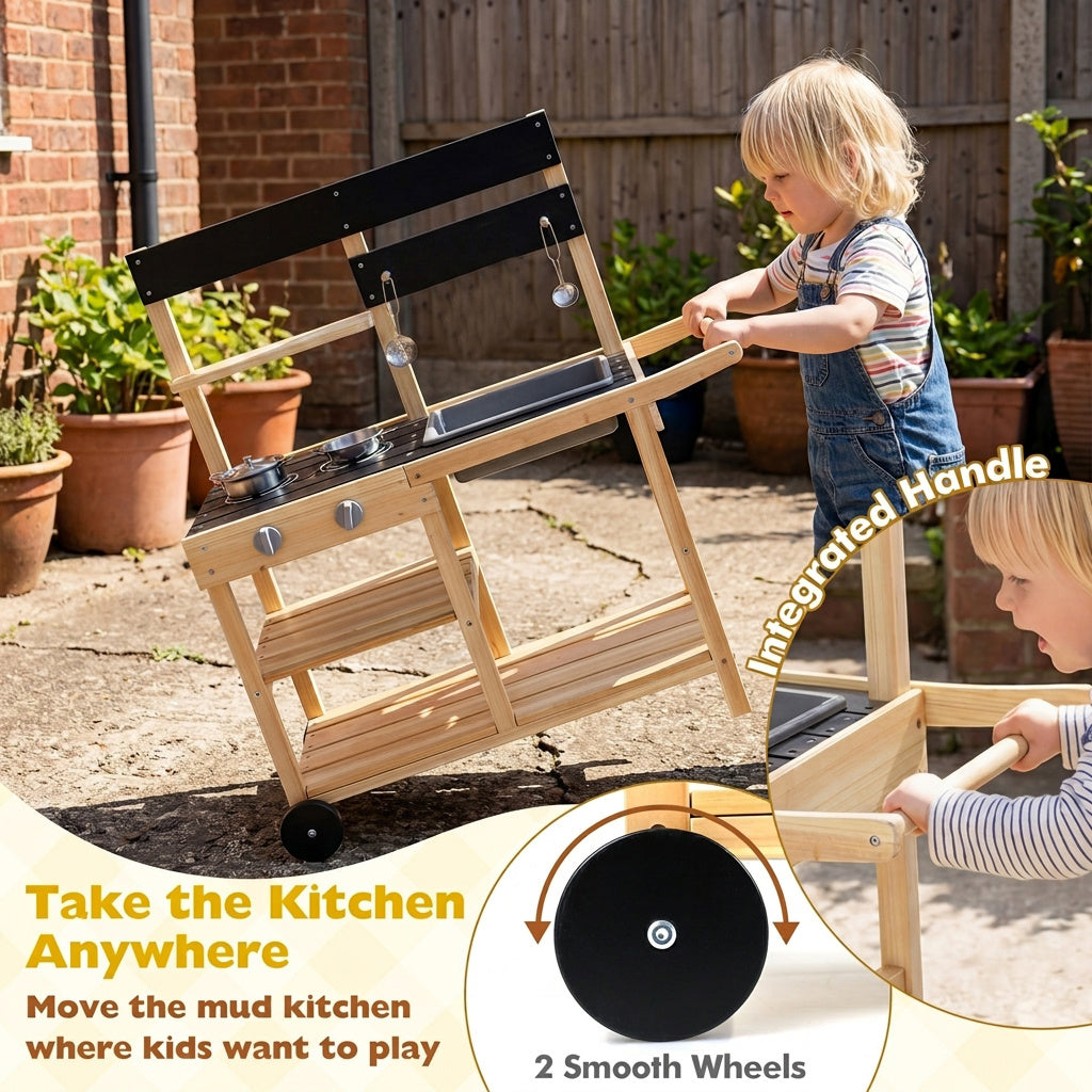 Wooden Mud Kitchen with Sink Chalkboard and Wheels and Storage for Ages 3+-Natural