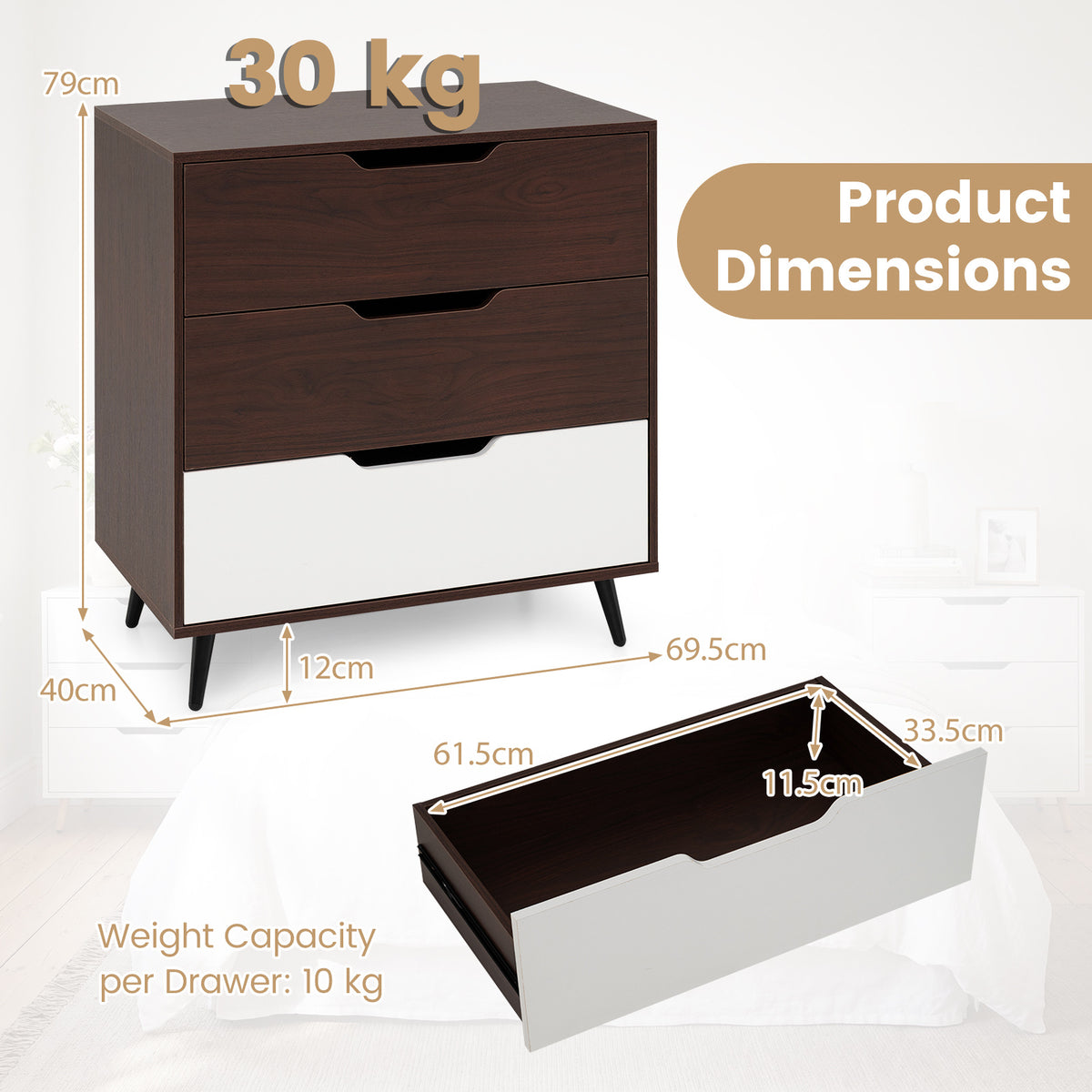 Wooden Nightstand with Anti Tipping Kits and Tall Storage for Living Room-Brown