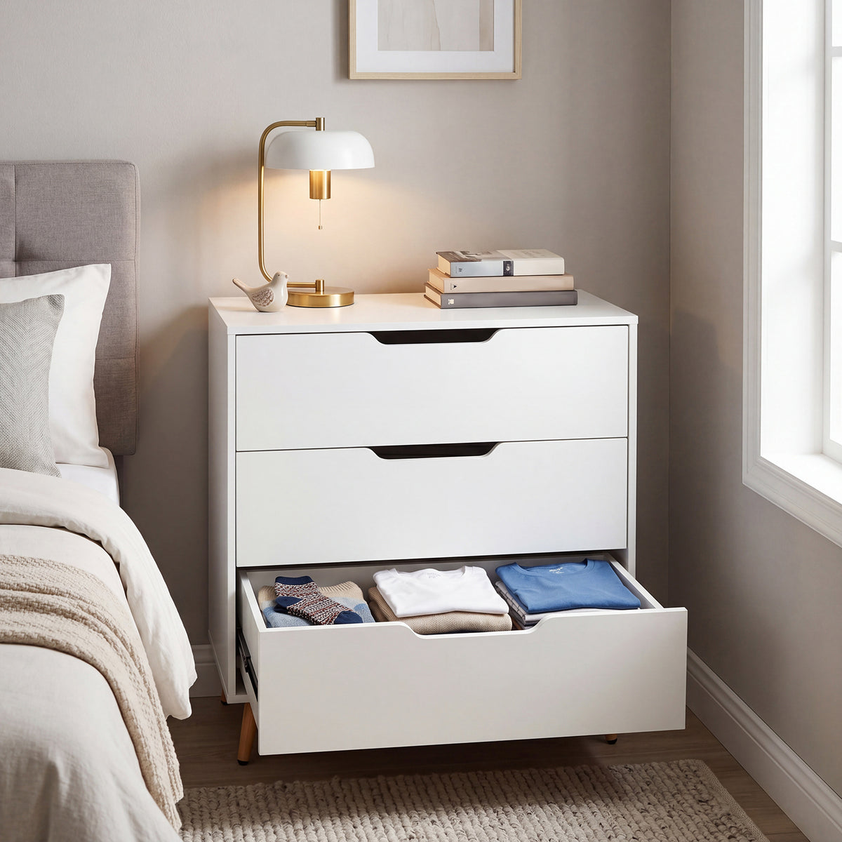 Wooden Nightstand with Anti Tipping Kits and Tall Storage for Living Room-White