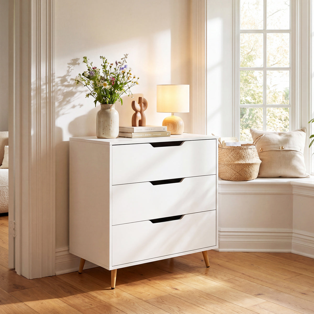 Wooden Nightstand with Anti Tipping Kits and Tall Storage for Living Room-White