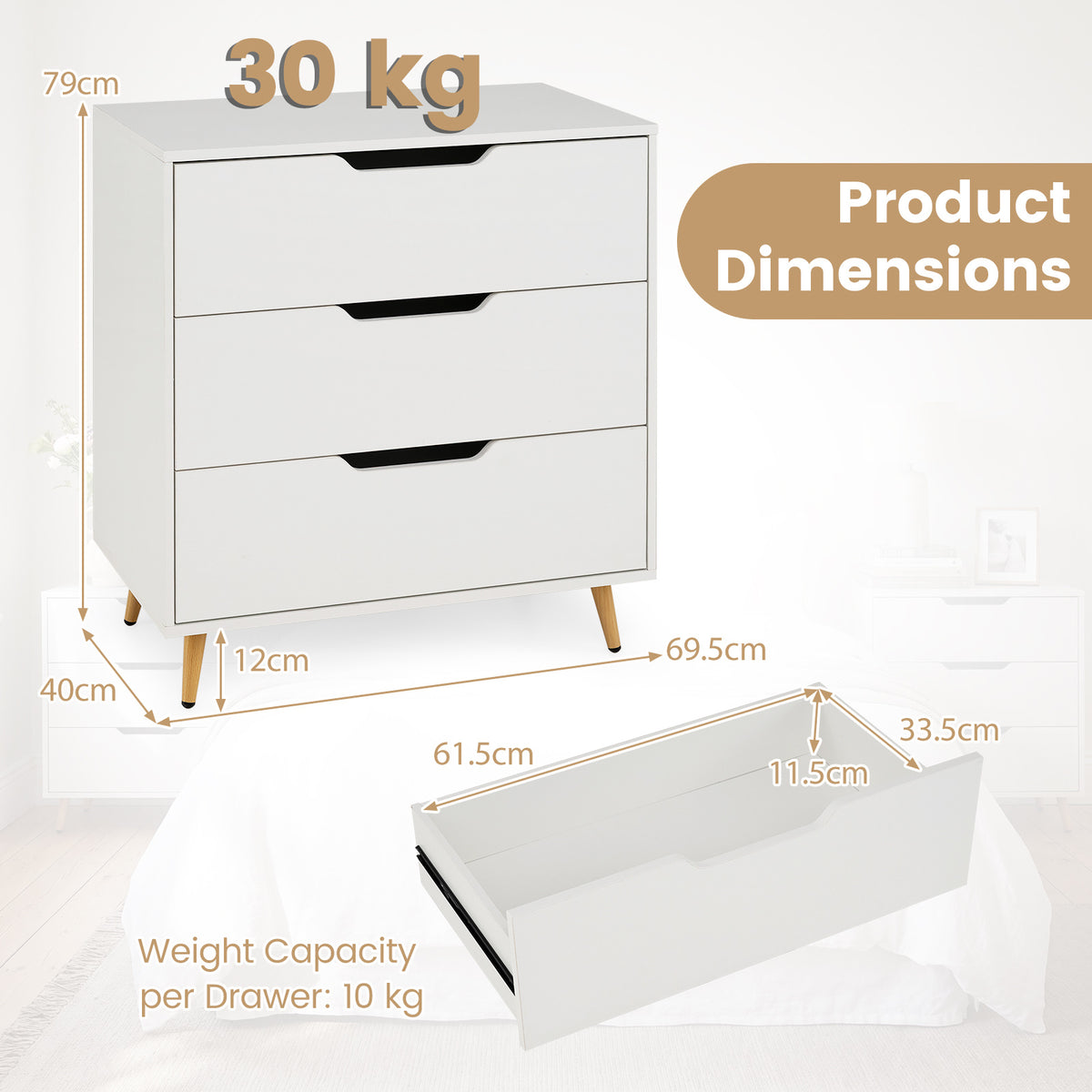 Wooden Nightstand with Anti Tipping Kits and Tall Storage for Living Room-White