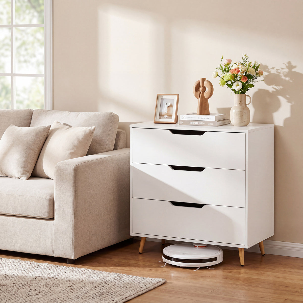 Wooden Nightstand with Anti Tipping Kits and Tall Storage for Living Room-White