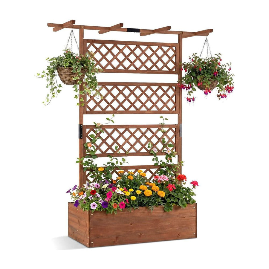 Wooden Planter Box Raised Garden Bed with Lattice Trellis-Brown