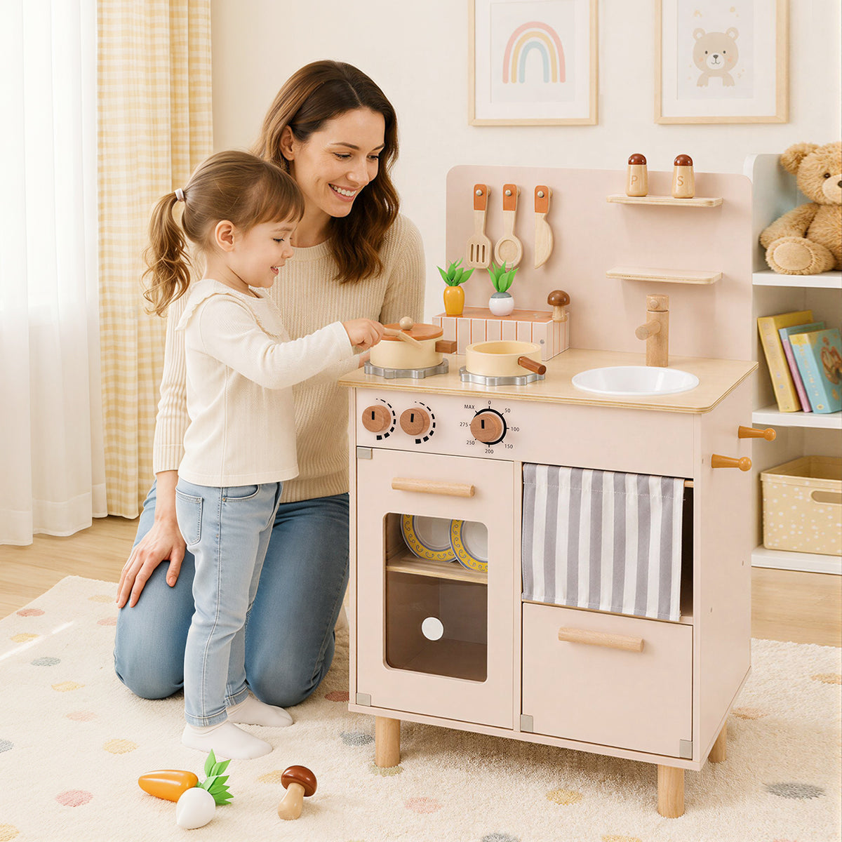 Wooden Play Kitchen Role-Play Gift for Girls and Boys Ages 3+-Beige