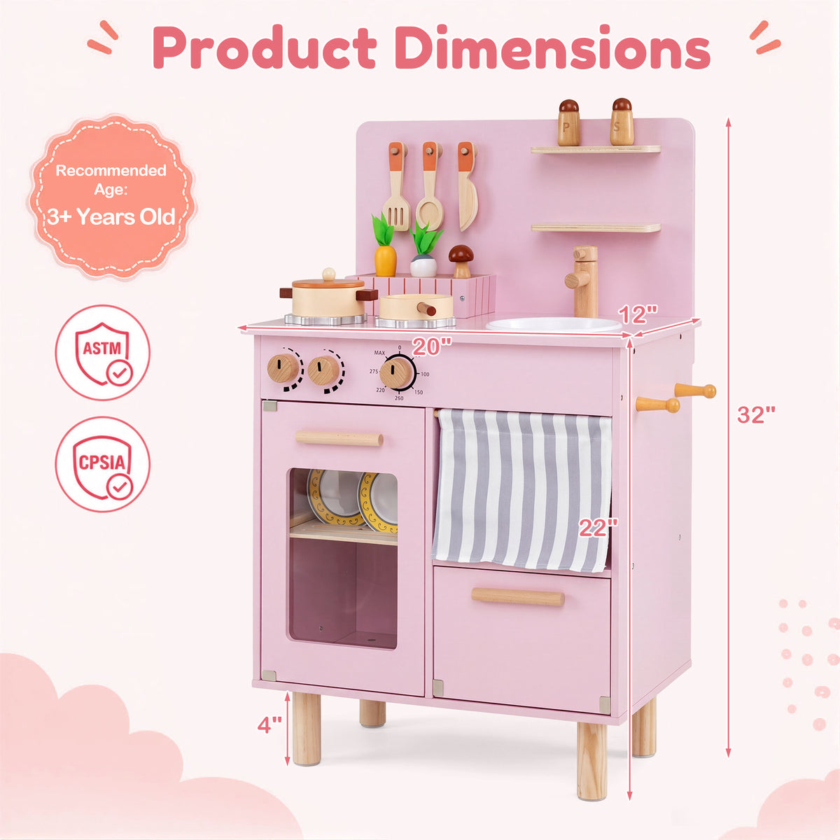 Wooden Play Kitchen Role-Play Gift for Girls and Boys Ages 3+-Pink