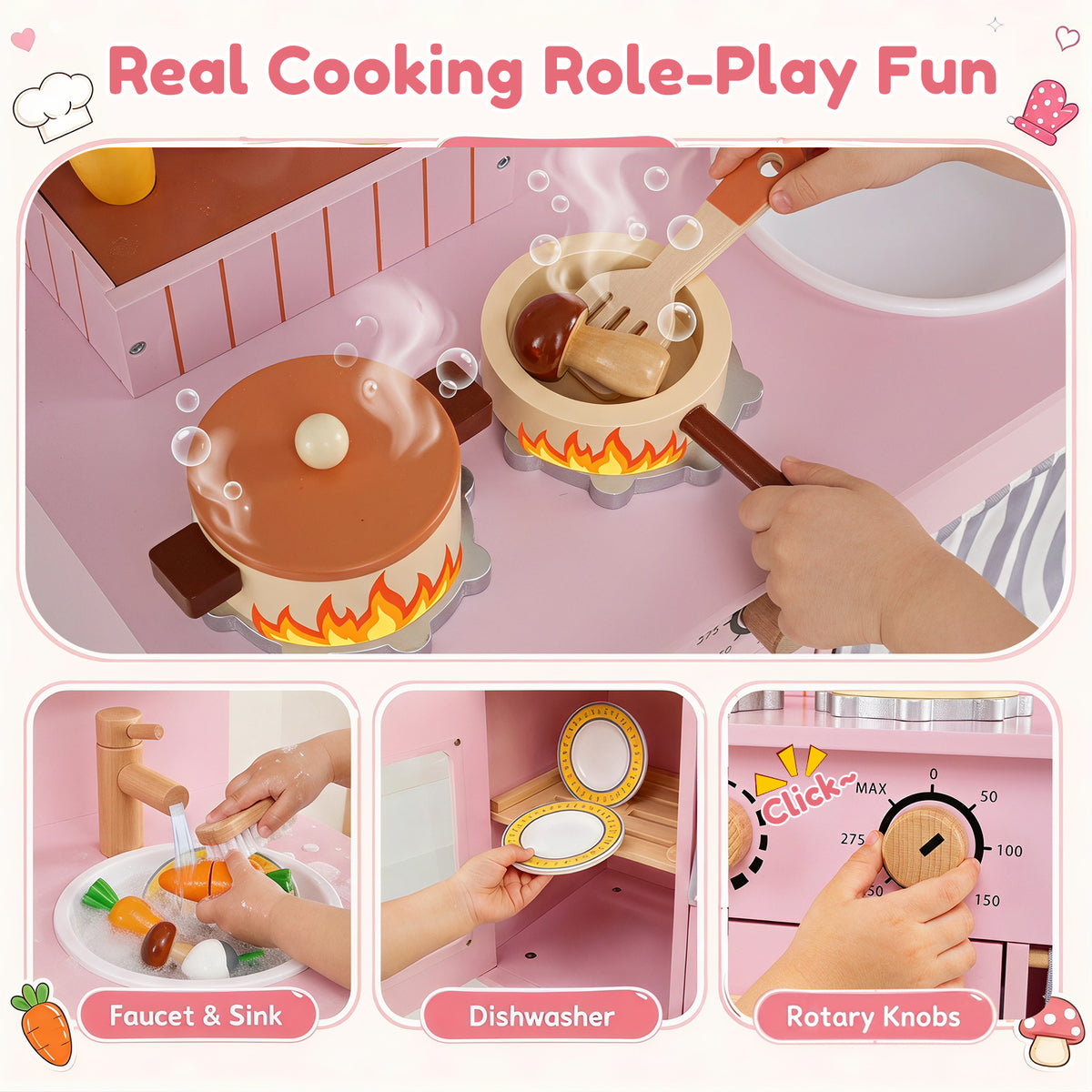 Wooden Play Kitchen Role-Play Gift for Girls and Boys Ages 3+-Pink
