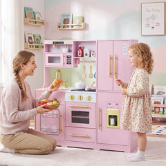 Wooden Play Kitchen for Kids with Realistic Lights and Sounds Ice Maker for Boys Girls Ages 3+-Pink