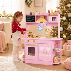 Wooden Play Kitchen with Real Lights Sounds and Storage for Kids Toddlers-Pink