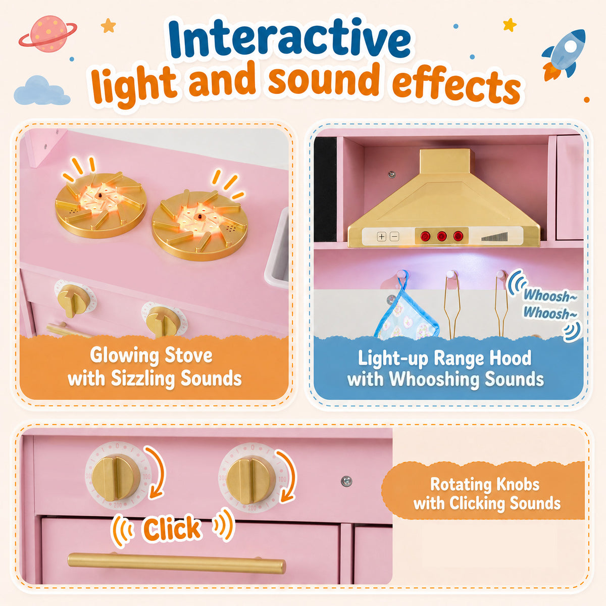 Wooden Play Kitchen with Real Lights Sounds and Storage for Kids Toddlers-Pink