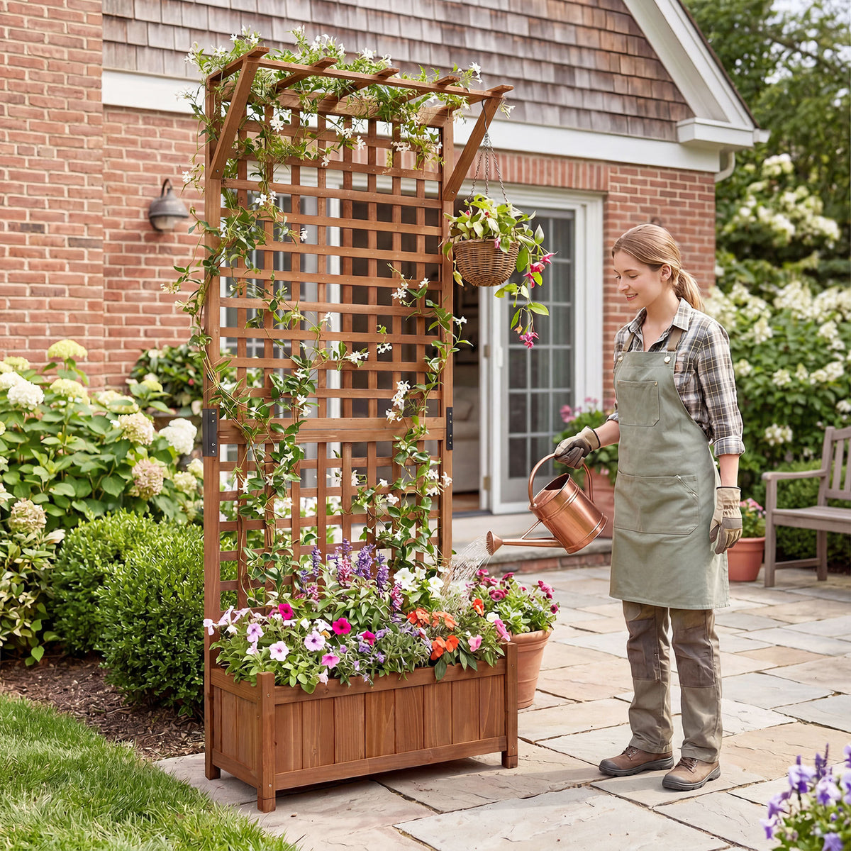 Wooden Raised Garden Bed with Hanging Roof and Trellis for Climbing Plants-Brown