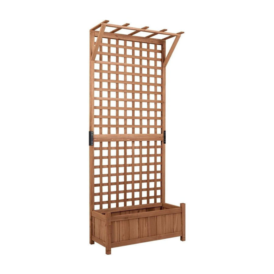 Wooden Raised Garden Bed with Hanging Roof and Trellis for Climbing Plants-Brown
