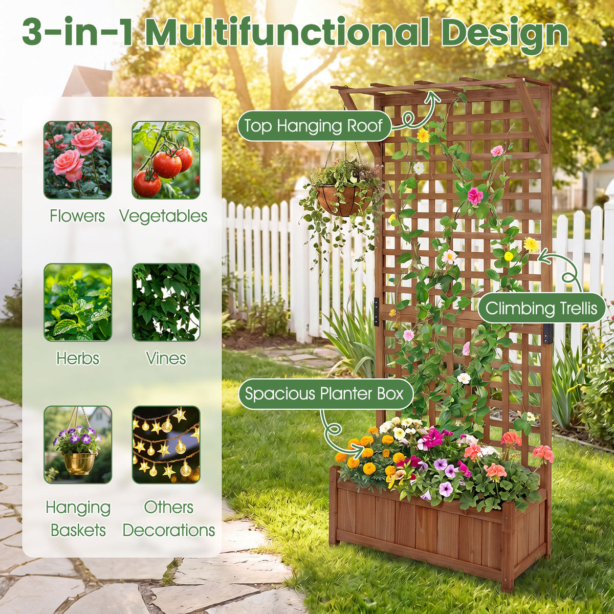 Wooden Raised Garden Bed with Hanging Roof and Trellis for Climbing Plants-Brown