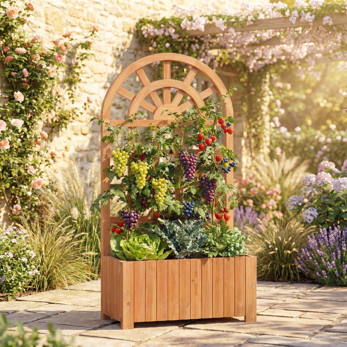 Wooden Raised Garden Bed with Trellis 121cm Outdoor Planter Box Privacy Screen-Brown