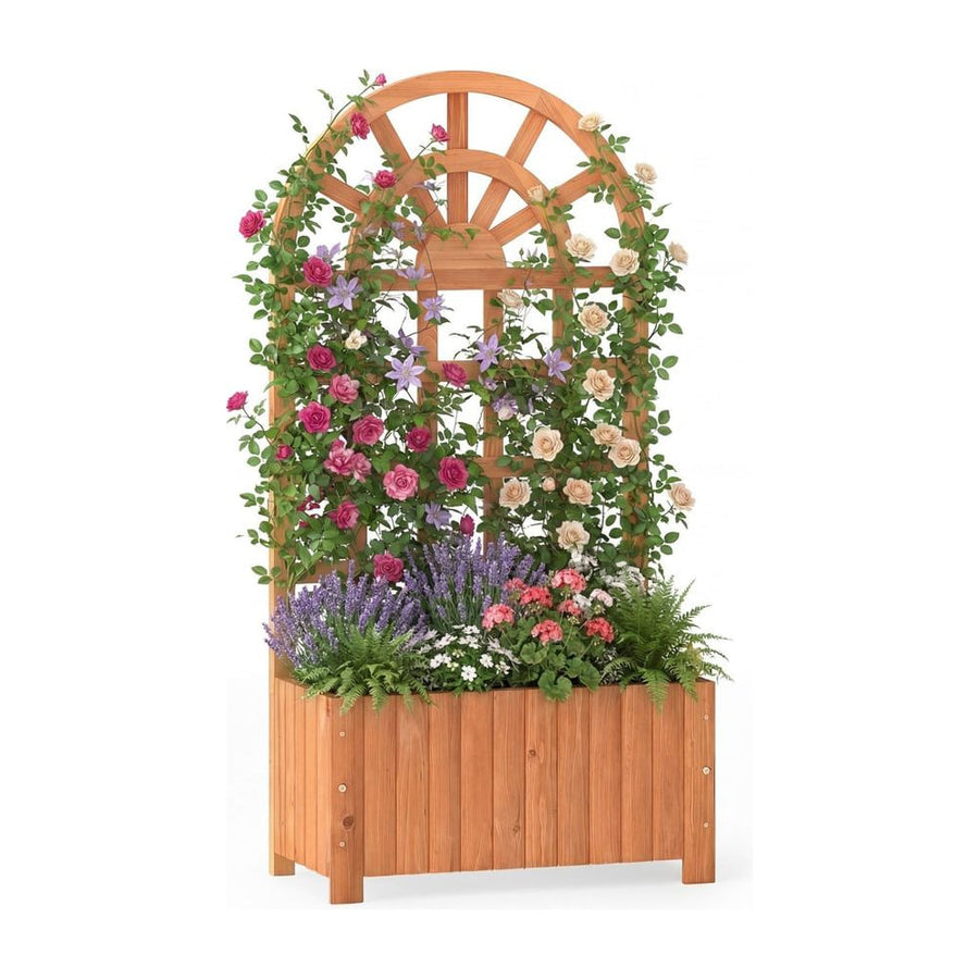 Wooden Raised Garden Bed with Trellis 121cm Outdoor Planter Box Privacy Screen-Brown