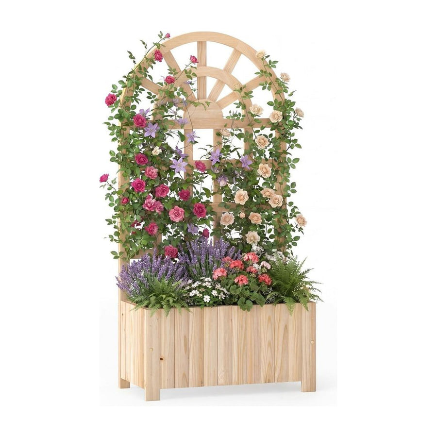 Wooden Raised Garden Bed with Trellis 121cm Outdoor Planter Box Privacy Screen-Natural