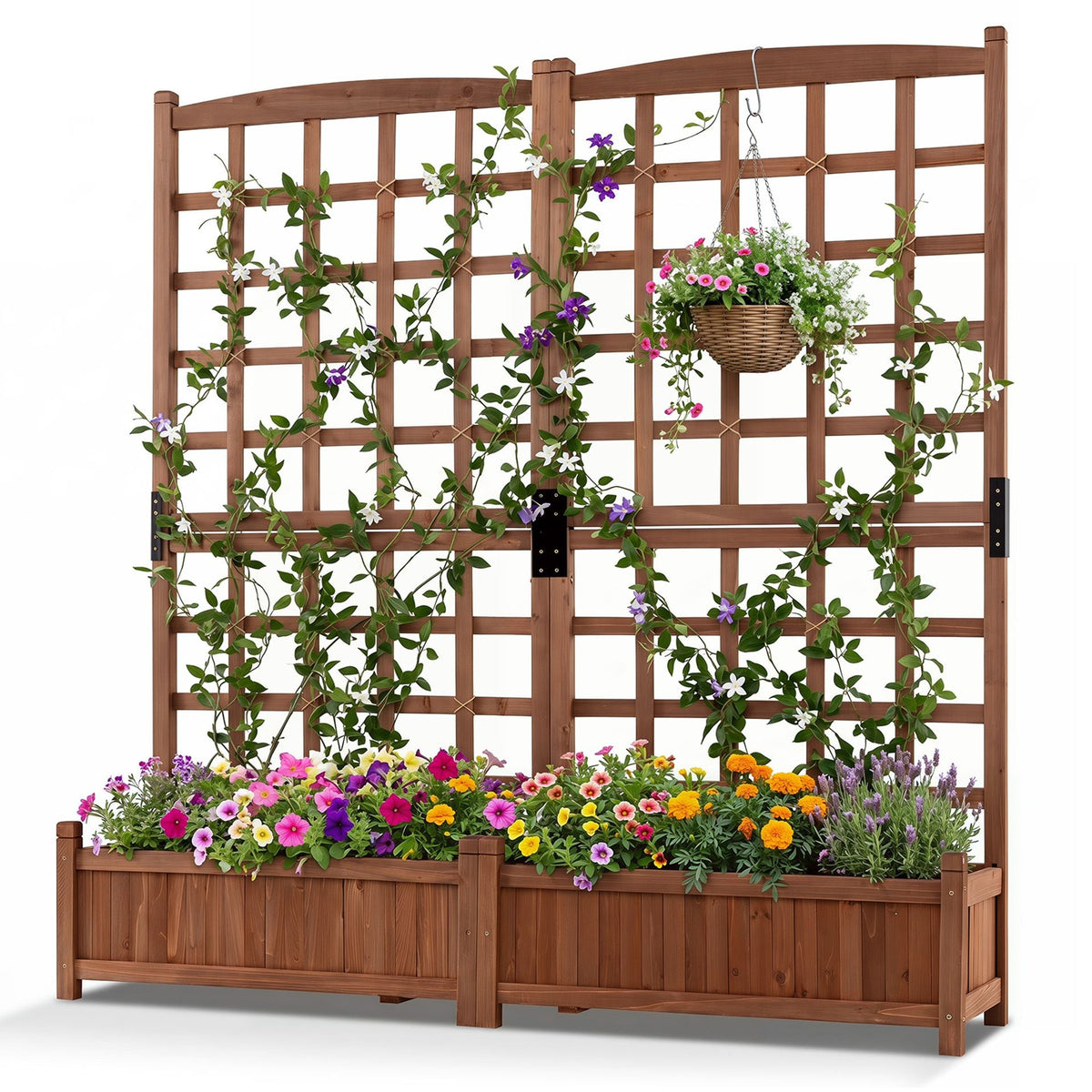 Wooden Raised Garden Bed with Trellis Dual Large Planter Boxes for Climbing Plants-Rustic Brown