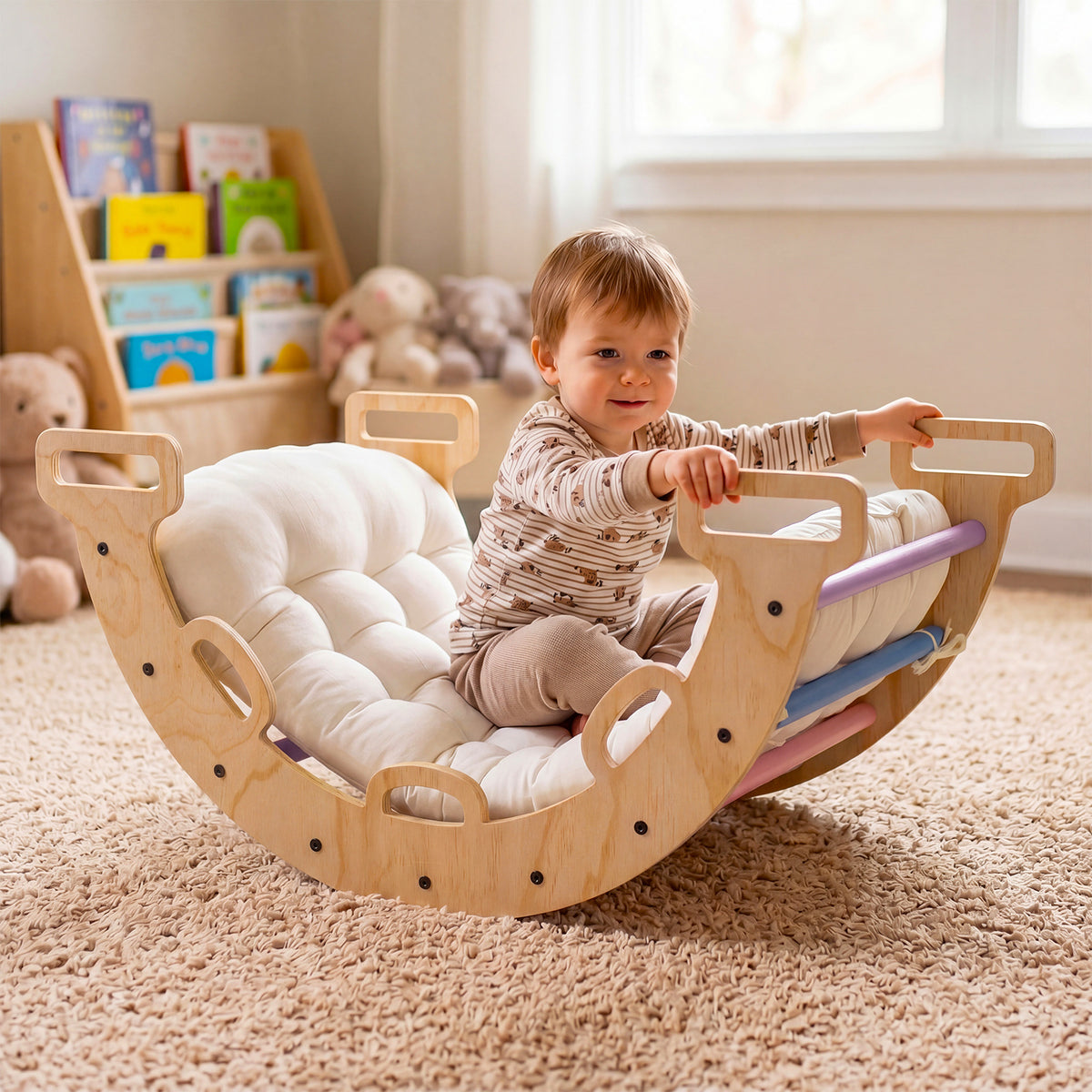 Wooden Rocking Climbing Arch with Cushion 3-in-1 Montessori Kids Climber Rocker-Colorful