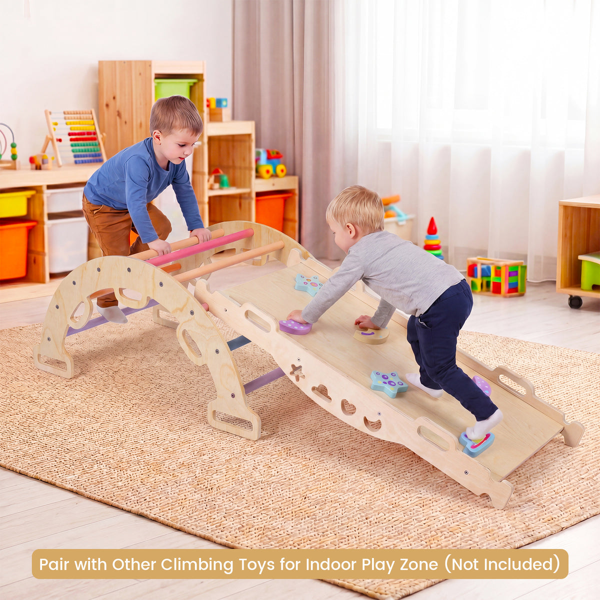 Wooden Rocking Climbing Arch with Cushion 3-in-1 Montessori Kids Climber Rocker-Colorful
