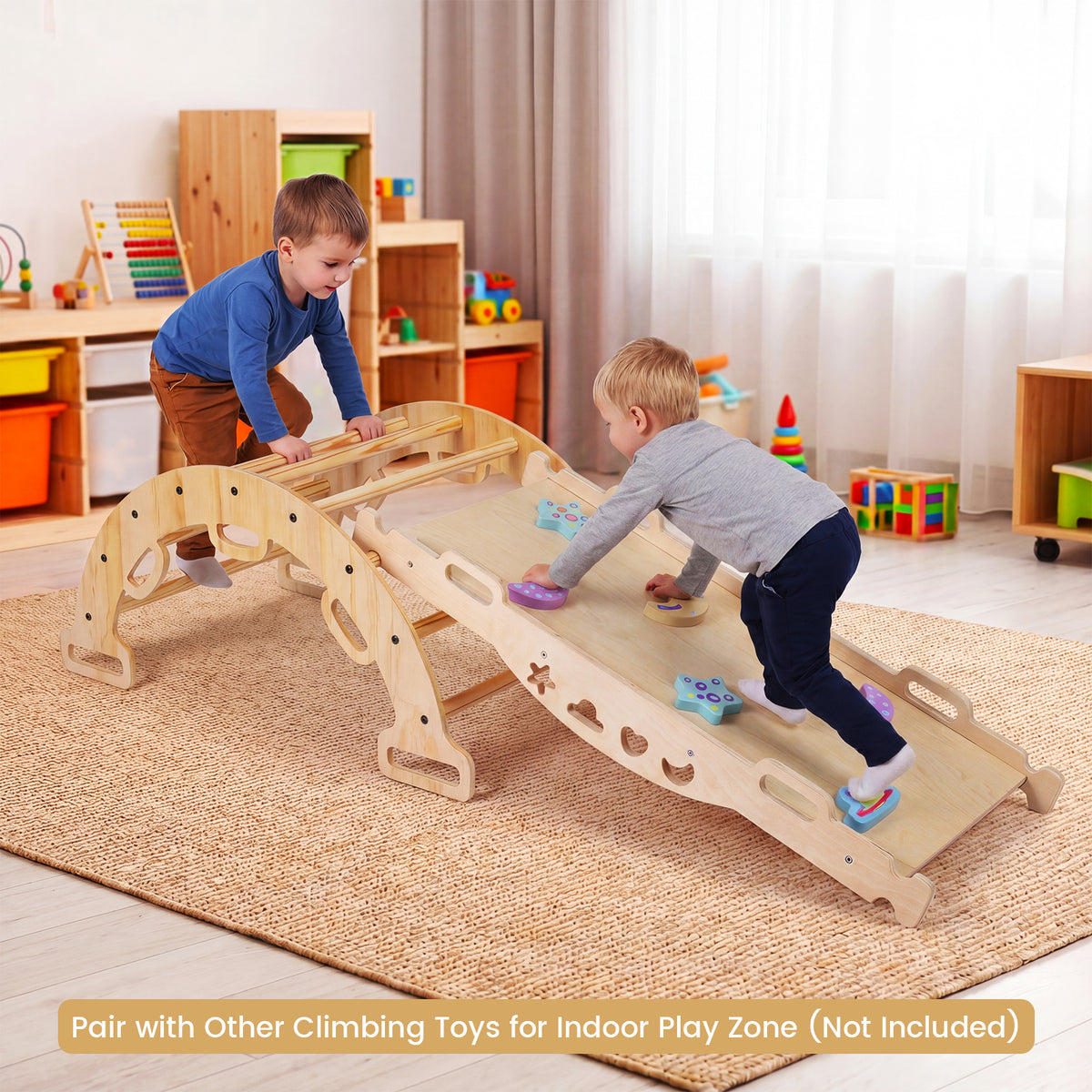 Wooden Rocking Climbing Arch with Cushion 3-in-1 Montessori Kids Climber Rocker-Natural