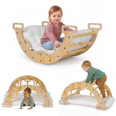 Wooden Rocking Climbing Arch with Cushion 3-in-1 Montessori Kids Climber Rocker-Natural