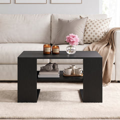 Wooden Square Coffee Table with Storage and Open Shelf for Living Room-Black