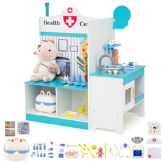 Wooden Toy Medical Center Playset with Faucet and ECG Monitor for Aged 3-6-Blue