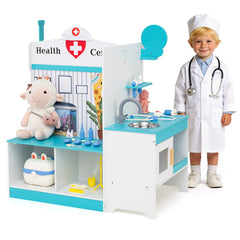 Wooden Toy Medical Center Playset with Faucet and ECG Monitor for Aged 3-6-Blue