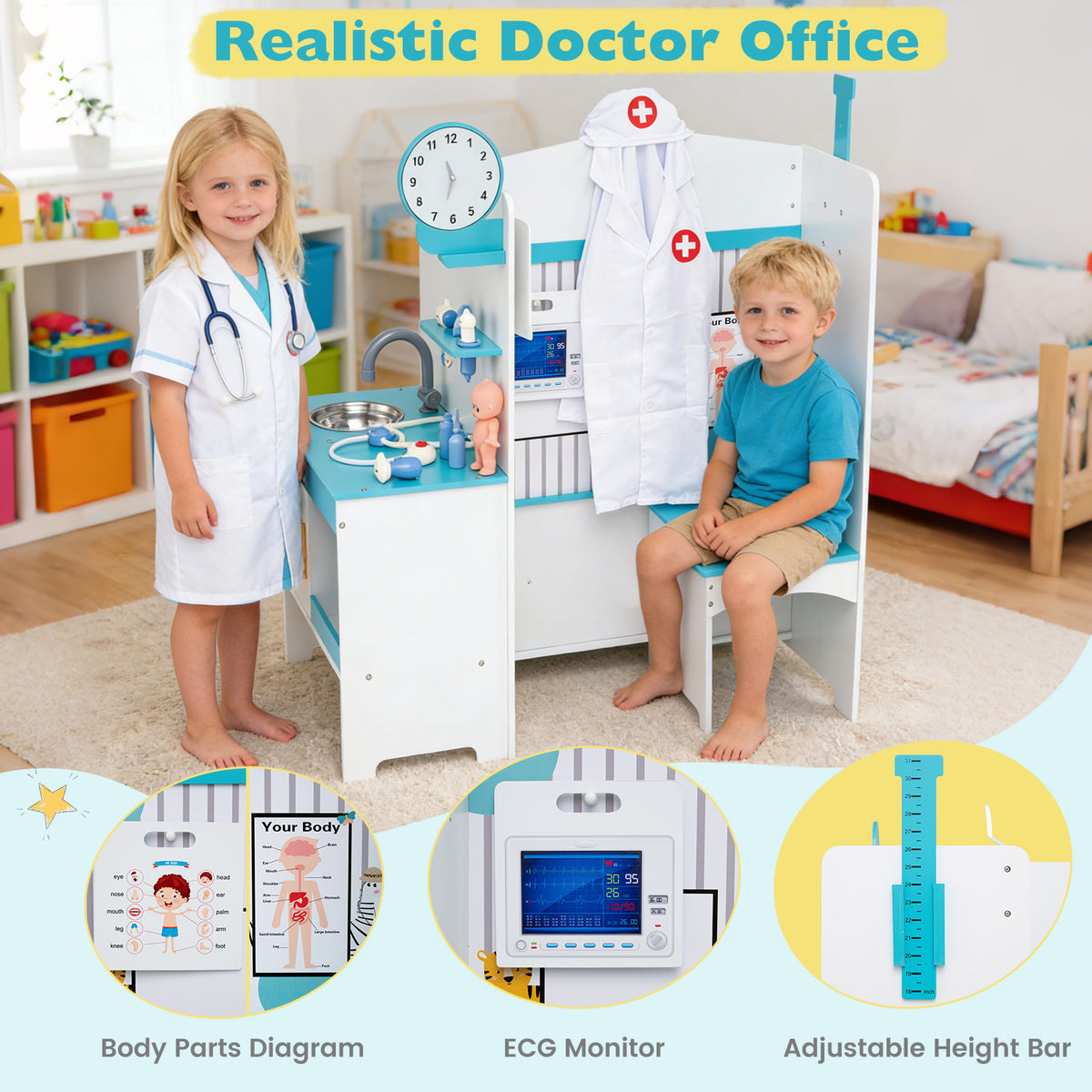 Wooden Toy Medical Center Playset with Faucet and ECG Monitor for Aged 3-6-Blue