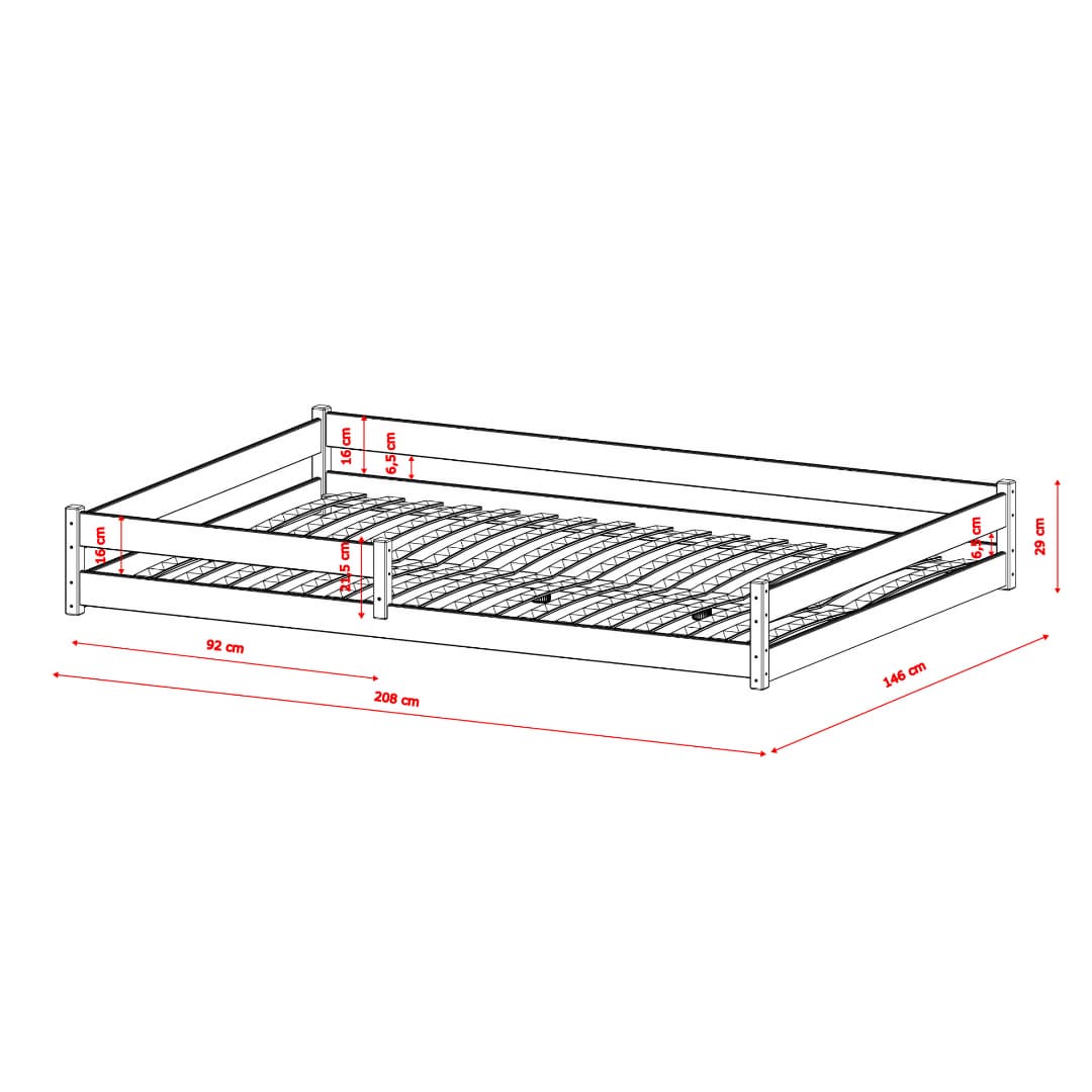 The wooden kids single bed frame shown with red dimension lines and measurement labels