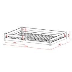 The wooden kids single bed frame shown with red dimension lines and measurement labels