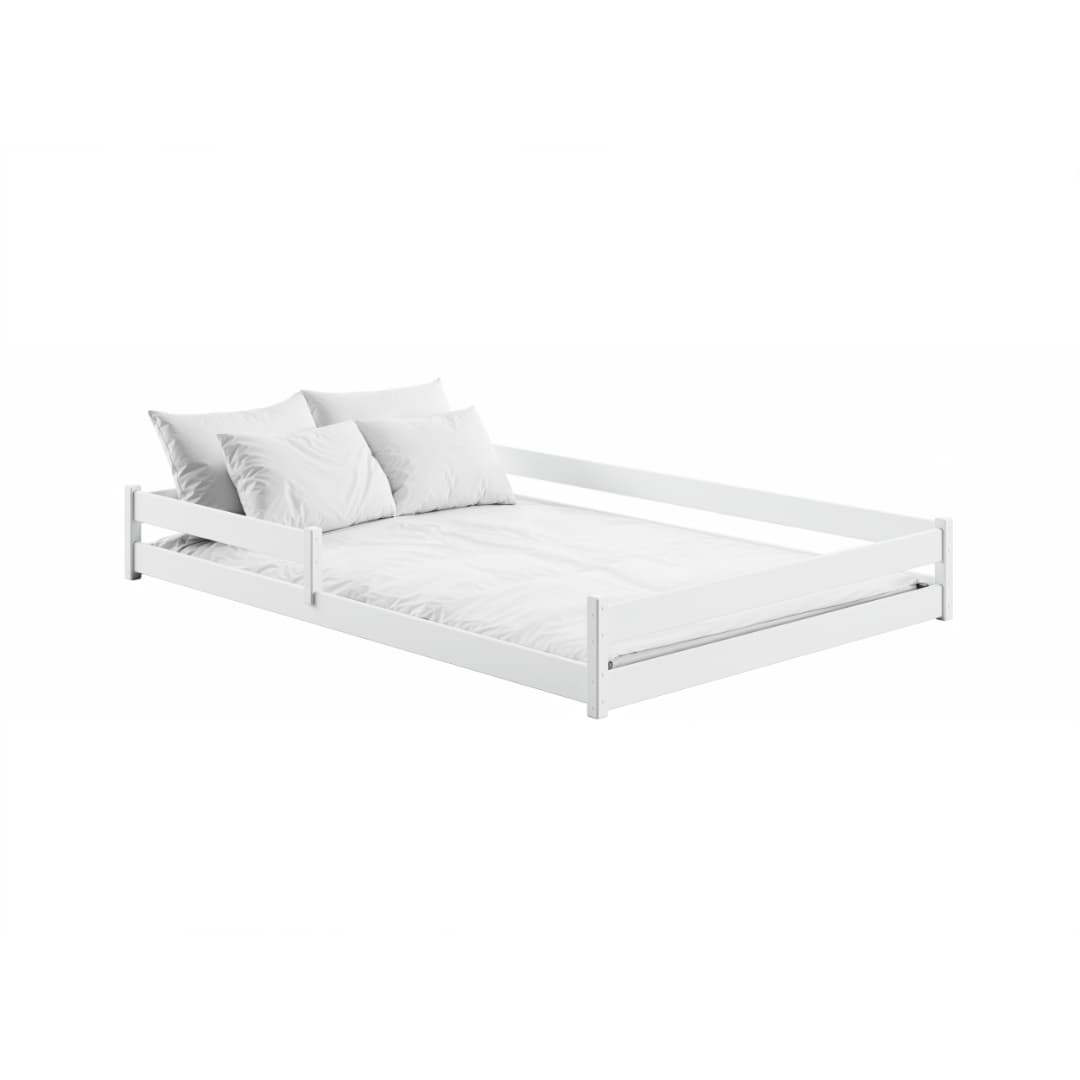 The white wooden bed frame with white bedding and pillows