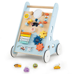 Close up of the blue baby walker activity board with xylophone and gears