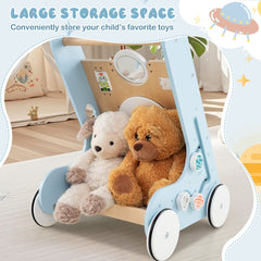 The blue baby walker with storage space filled with toys
