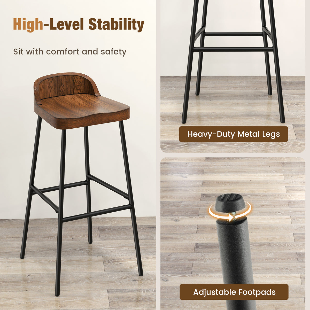 Wooden Bar Stool set of 2 with Chic Low Back and Metal Legs-Brown