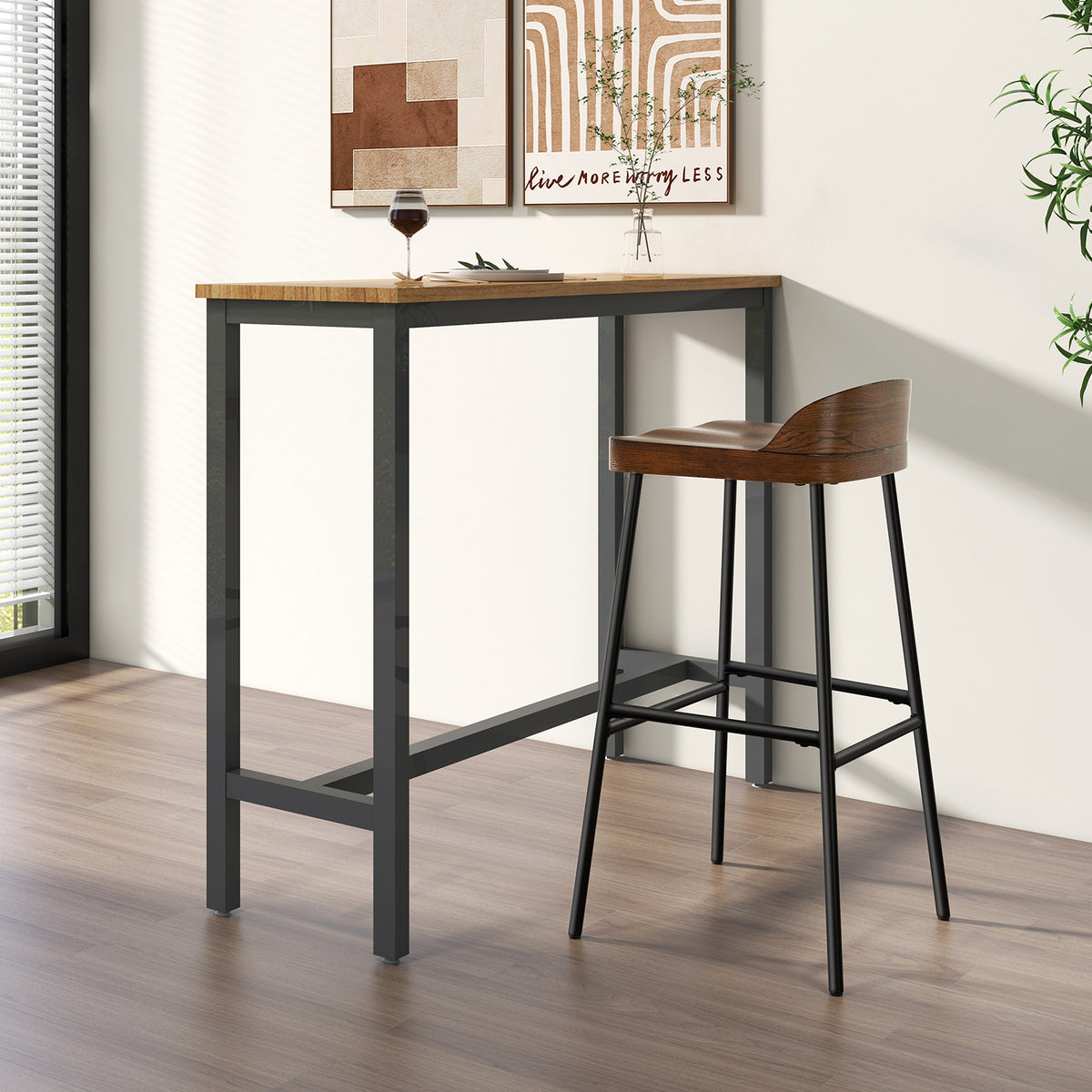 Wooden Bar Stool set of 2 with Chic Low Back and Metal Legs-Brown