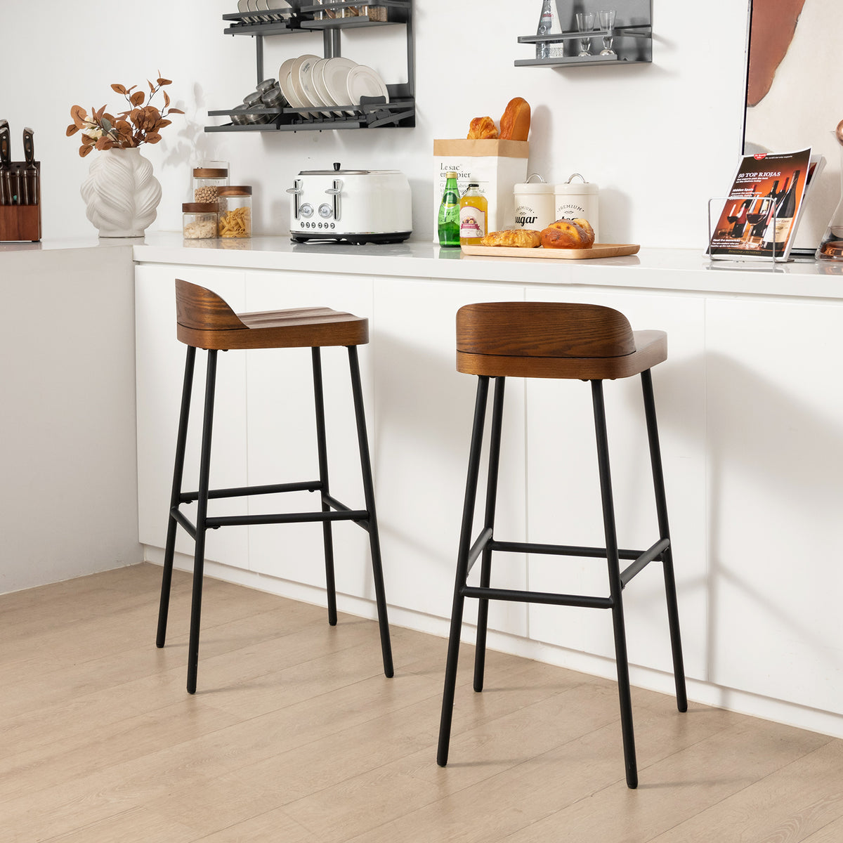 Wooden Bar Stool set of 2 with Chic Low Back and Metal Legs-Brown