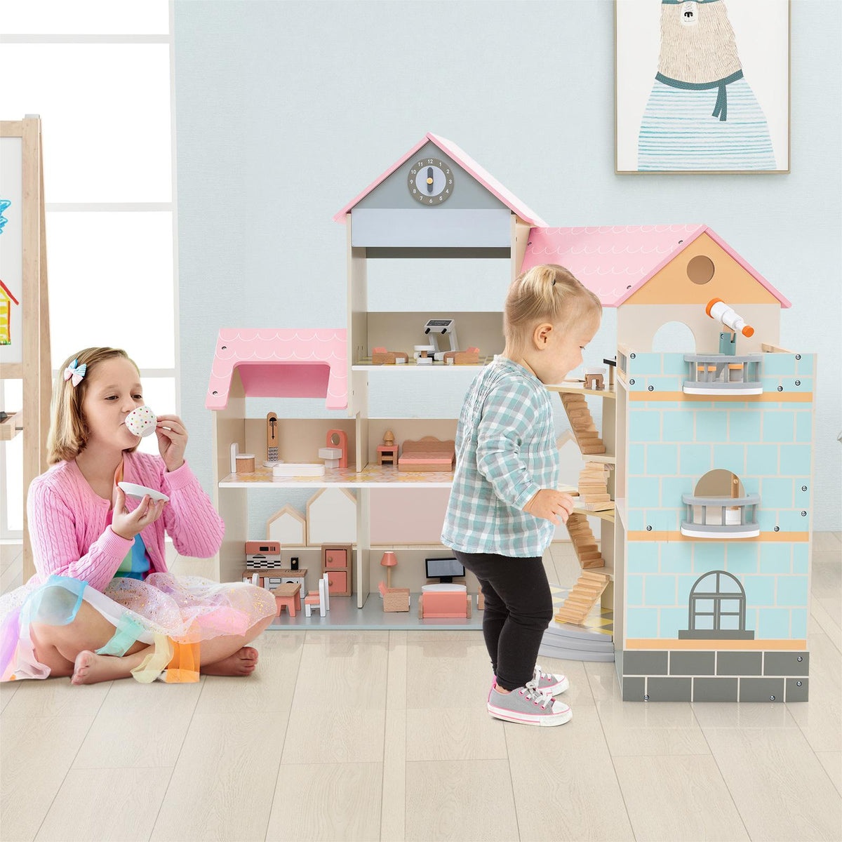 Wooden Corner Dollhouse Playset Pink Roof Doll House-Pink