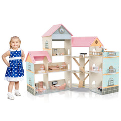 Wooden Corner Dollhouse Playset Pink Roof Doll House-Pink