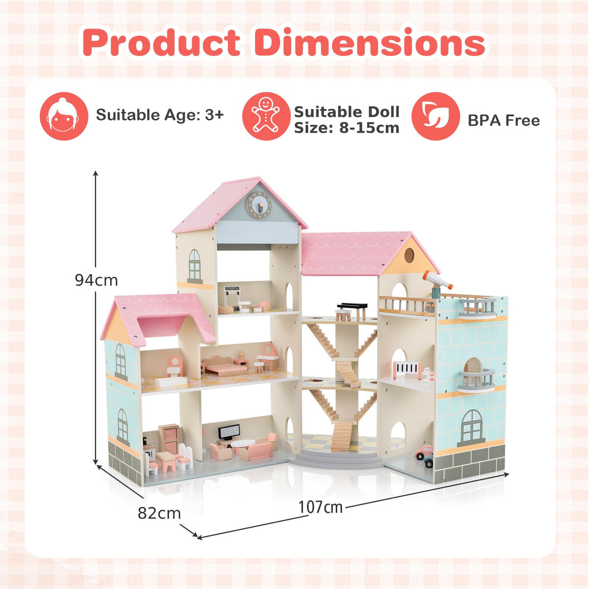 Wooden Corner Dollhouse Playset Pink Roof Doll House-Pink
