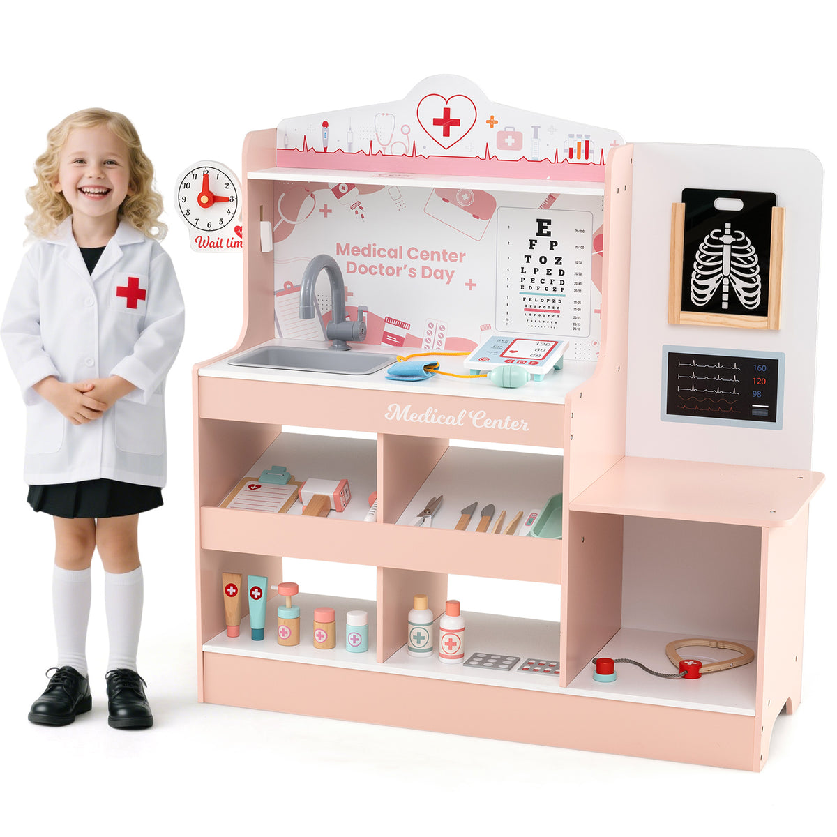 Wooden Doctor Play Set Kids Medical Center with Storage for Boys and Girls 3+ Years Old-Pink
