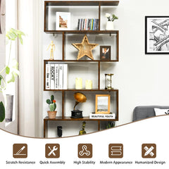 The wooden bookcase with icons below describing its design and assembly features