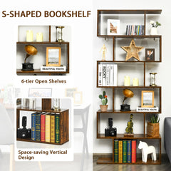 The wooden bookcase with two inset close-up views of the open shelving layout