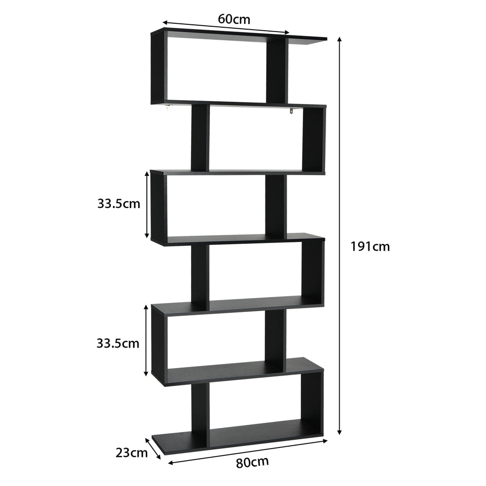 A diagram showing the dimensions of the black S-shaped bookcase
